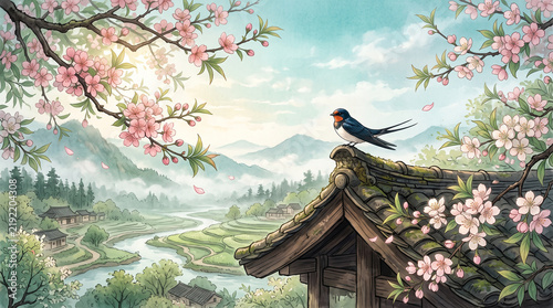Swallow on Traditional Roof Among Spring Blossoms