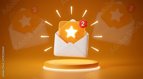 Notification envelope icon with a red alert bubble showing number two floating above a pedestal representing new messages and digital communication updates in a clean 3D isometric studio style