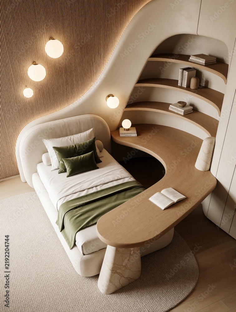 Obraz premium Modern luxury bedroom interior with organic shapes, minimalist design. Cozy bed with green pillows, wooden curved desk integrated into wall shelves. Warm ambient lighting from globe lamps creates