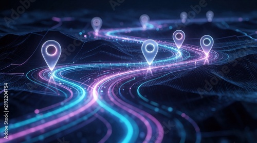 Glowing map pins mark a futuristic winding route on a dark digital landscape. Abstract light trails signify connections, data flow, and destinations in cyber space.