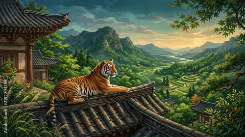 Tiger Resting on Traditional Roof in Lush Summer Landscape