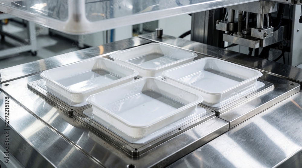 Obraz premium Vacuum forming machine creates plastic containers. Industrial equipment shapes sheets into trays for mass production. Manufacturing process uses heat and molds for packaging goods.