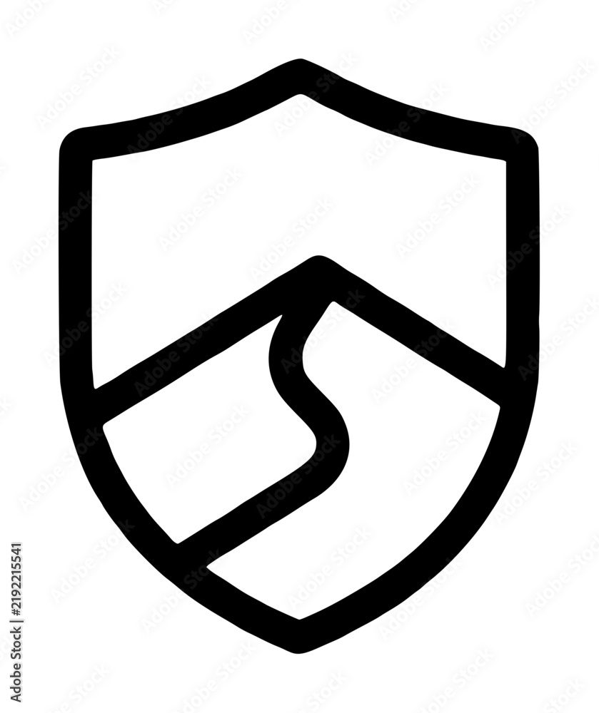 Obraz premium Heraldic protective shield enclosing rolling desert sand dunes with a winding central path on a plain white background, contour illustration symbolizing wilderness park conservation