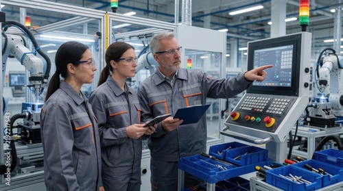 Senior engineer mentors two young female workers at smart factory workstation. Expert shows AI tech on digital control panel. Team learns industrial automation process  advanced manufacturing skills