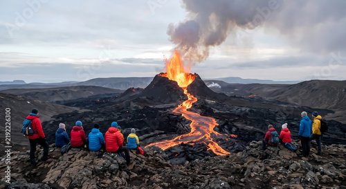 A group of adventurous tourists sits on the rocky edge observing the powerful erupting volcano in Iceland as glowing lava flows down the mountain slopes during a dramatic evening excursion