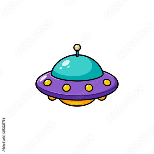 Cartoon UFO spaceship illustration with a purple hull and teal dome isolated on a white background