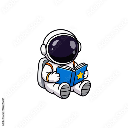 Cute cartoon astronaut reading a book with a star icon