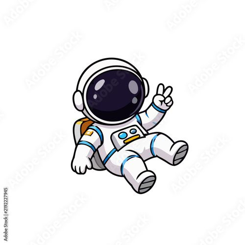 Cute cartoon astronaut floating in space showing peace sign gesture