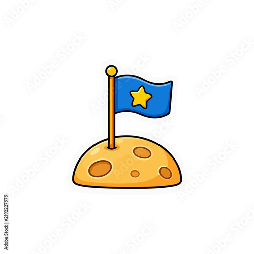 Cartoon illustration of a blue flag with a yellow star planted on a cratered moon surface