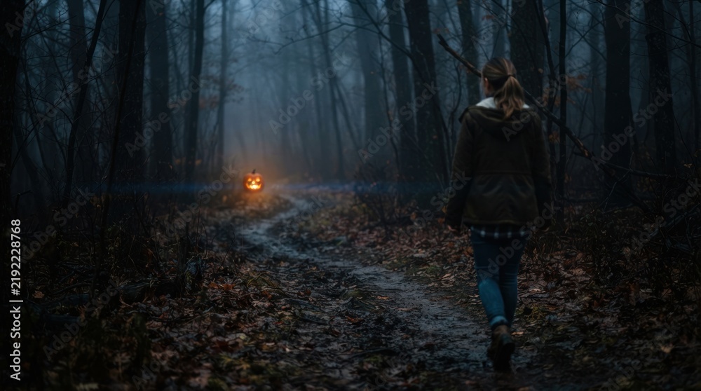 Fototapeta premium Person walking on foggy forest path at night.