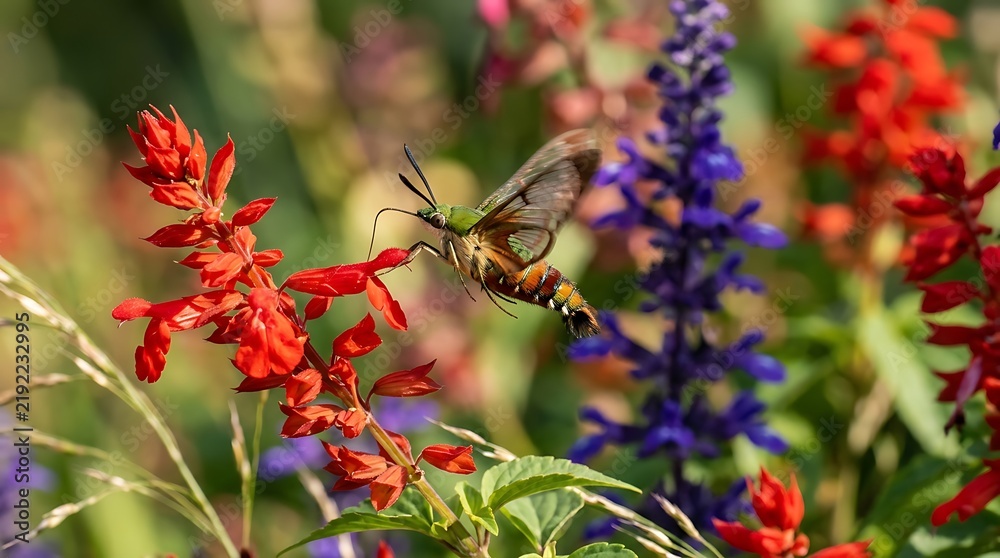 Fototapeta premium Hummingbird moth hovering while collecting nectar from red salvia flowers in summer garden environment high speed nature photography capturing movement and detail of insect in natural sunlight