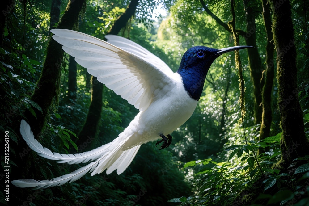 Obraz premium Tiny white bird with blue head hovers mid-air. Its long tail feathers trail behind as it flies through a dense, green forest. Sunlight filters through rich canopy.
