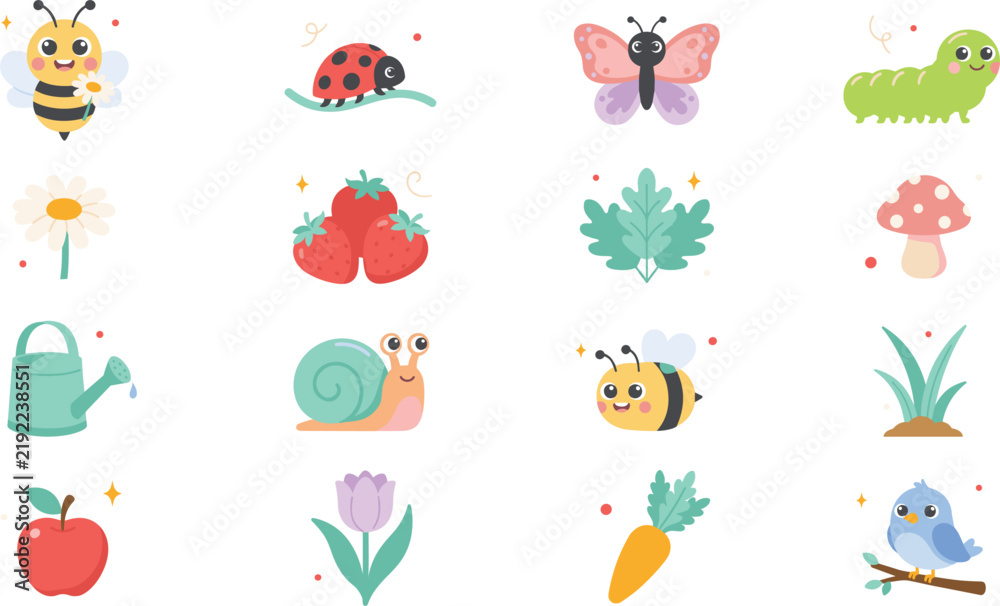Obraz premium Cute Garden Insect and Spring Nature Vector Icon Set Featuring Bumblebee Butterfly Snail Ladybug Fruits Vegetables and Flowers for Kids Design