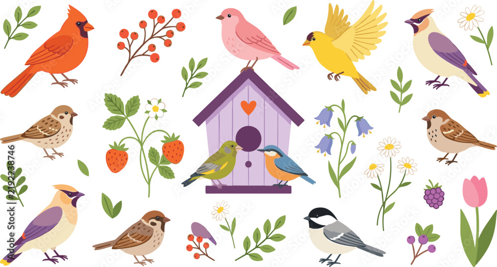 Fototapeta premium Cute Garden Birds Vector Illustration Set with Wooden Birdhouse Spring Flowers Berries and Colorful Avian Wildlife Elements