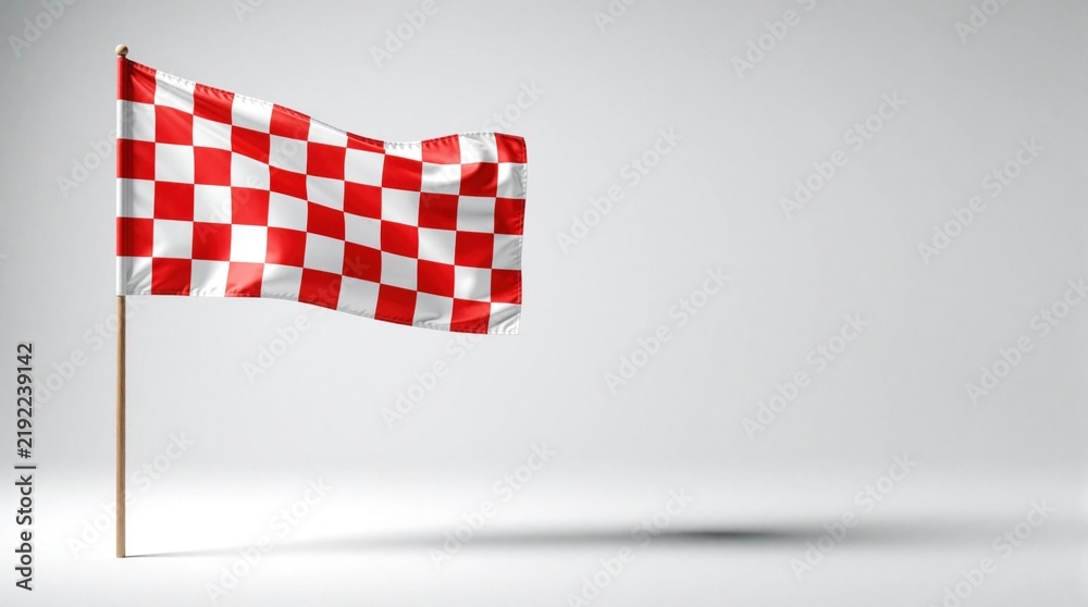 Obraz premium Red and white checkered flag waves on wooden pole. Symbolizes racing finish line victory, competition, start, end, achievement, success. Isolated graphic element for sport event.