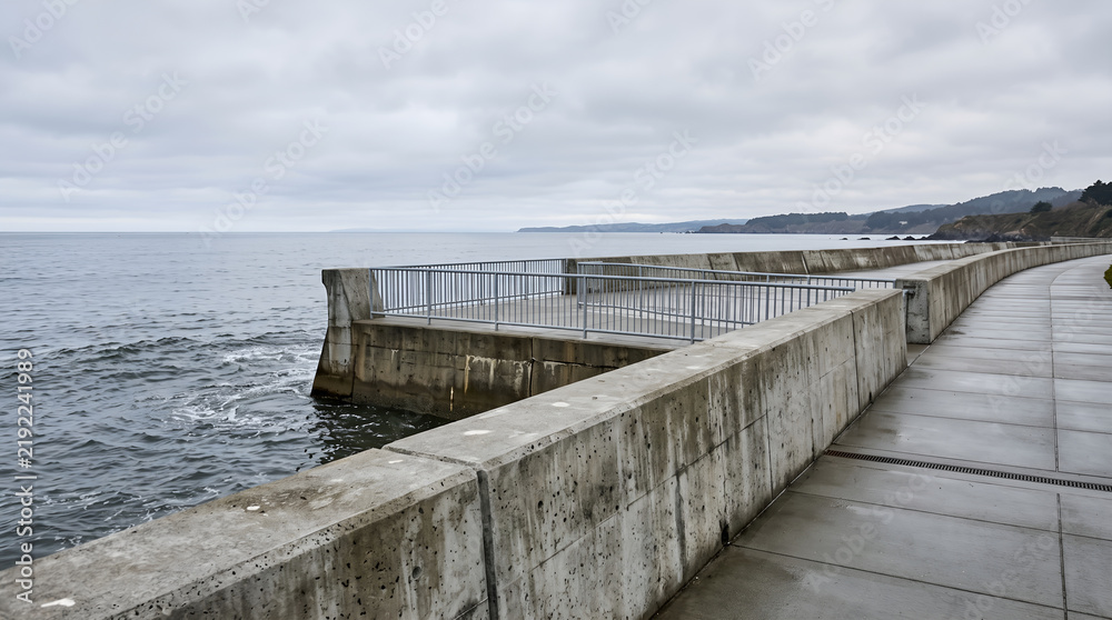 Fototapeta premium Engineered seawall protecting a coastline from flooding, designed for infrastructure reports, engineering presentations, climate adaptation campaigns, and commercial advertising.