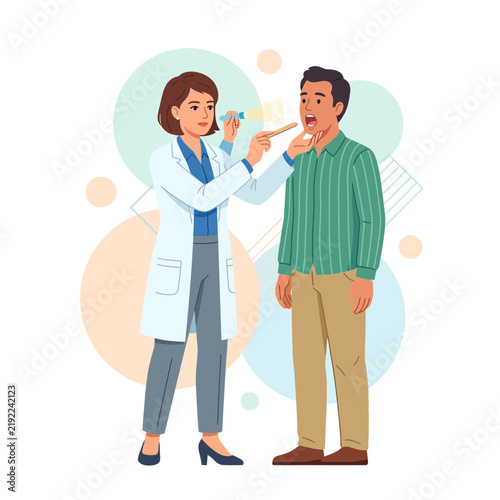 Doctor examines patient's throat with light and tongue depressor, medical examination illustration