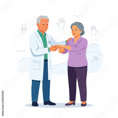 Doctor examining elderly woman's hand, illustrating joint pain and healthcare consultation