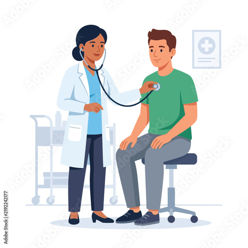 Doctor Examining Patient with Stethoscope in Medical Office - Healthcare Illustration
