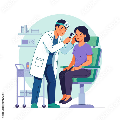 Doctor examines patient's ear with otoscope in modern clinic, medical examination, healthcare illustration