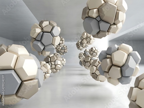 Abstract geometric molecular structures floating in transparent space design