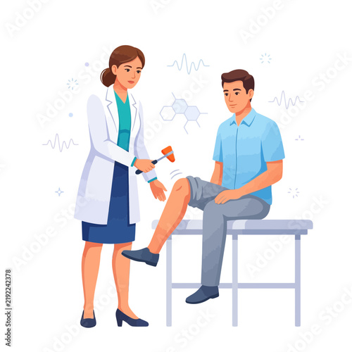 Doctor examining patient's knee reflex with a reflex hammer, medical check-up, healthcare illustration
