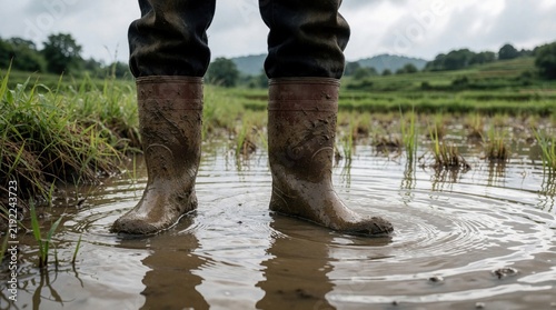 Man in muddy rubber boots stands in flooded agricultural field. Person explores waterlogged rural landscape after heavy rain storm. Climate change impact shows rising water levels in farmland during