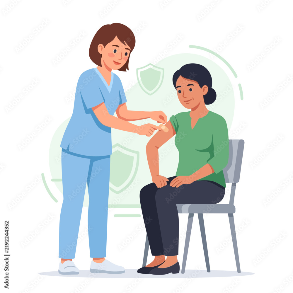 Fototapeta premium Nurse Administering Vaccine to Patient, Promoting Health and Immunity with Shield Icons