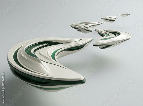Modern abstract floating curved metallic sculpture design on transparent background