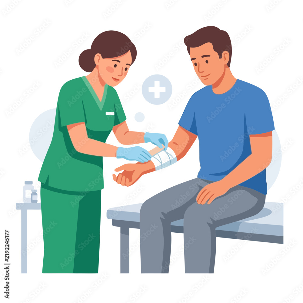 Fototapeta premium Nurse Bandaging Patient's Arm with a First Aid Bandage - Flat Design Illustration