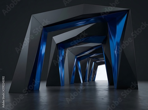 Modern geometric tunnel structure with reflective blue and black surfaces