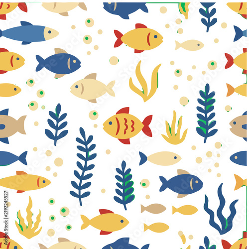 Seamless pattern of cartoon fish and seaweed
