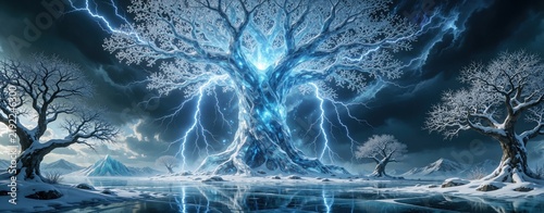 Frozen landscape with ice trees and lightning. Snowy forest with icy branches crackling with electric energy. Winter storm rages over frosty terrain with reflections on frozen water.