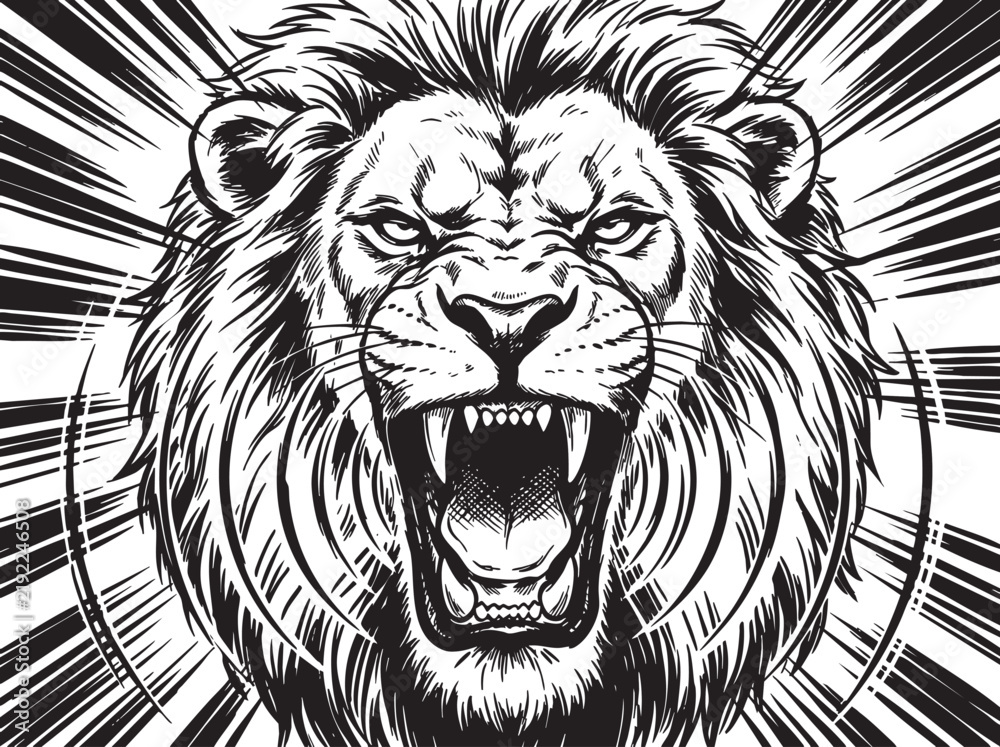 Fototapeta premium Aggressive roaring lion head vector illustration. Monochrome animal portrait with dramatic radiating lines. detailed black and white graphic design for logo or poster