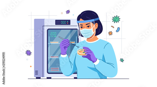 Scientist in Protective Gear Conducting Microbiology Research with Petri Dish and Incubator, Vector Illustration