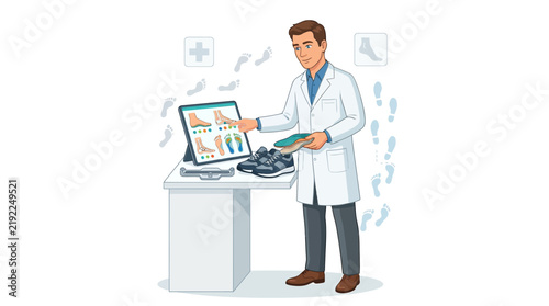 Podiatrist consulting about foot health and custom orthotics, showing shoe insoles on a tablet screen