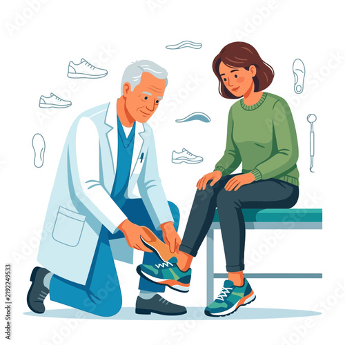 Podiatrist examining patient's foot and fitting orthotic insole, with medical equipment and shoe illustrations