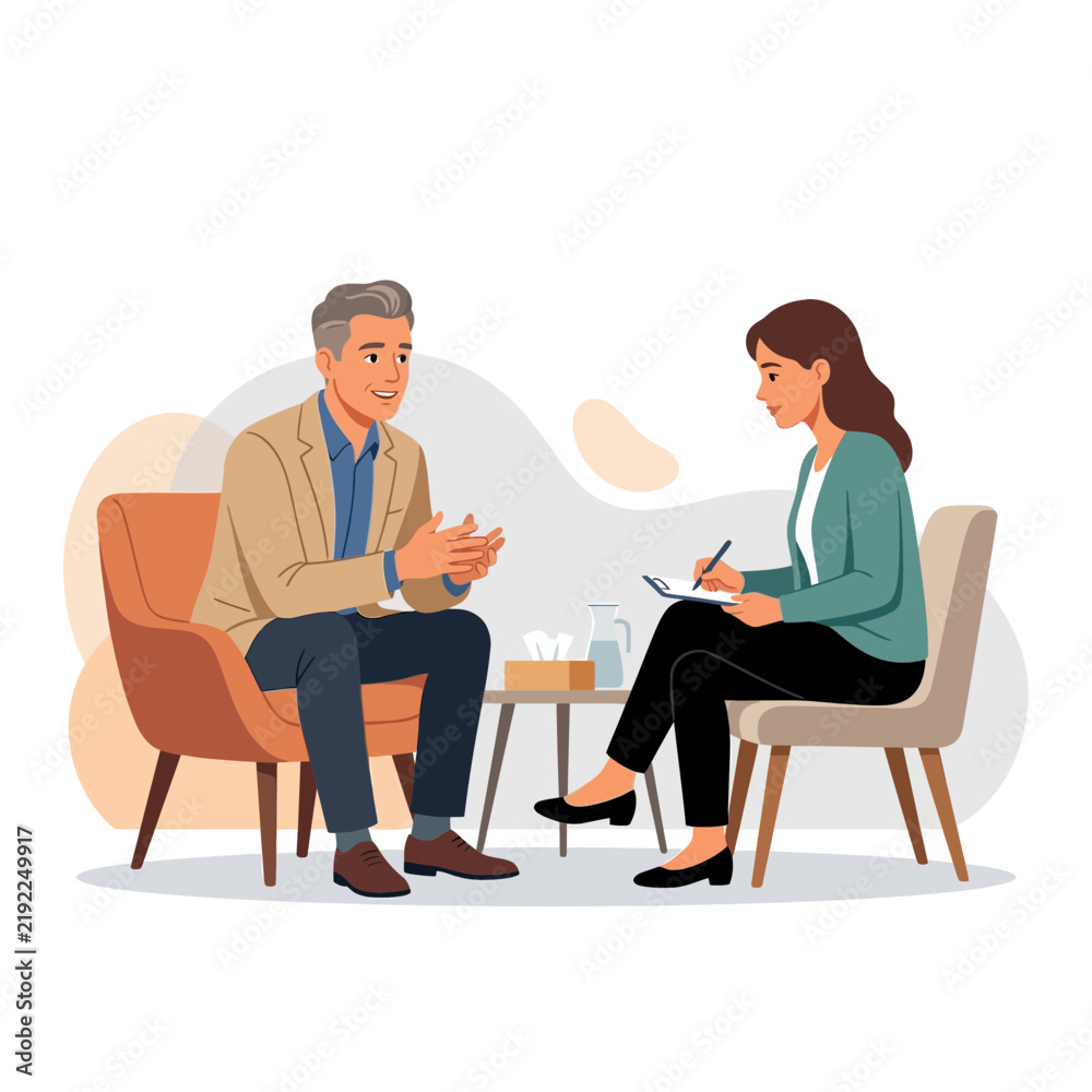 Fototapeta premium Psychologist Therapy Session: Patient Talking to Therapist Taking Notes in Cozy Office