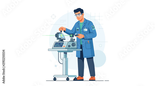 Scientist conducting optical experiment with laser and complex equipment in laboratory setting, vector illustration