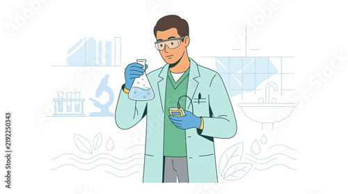 Scientist conducting water quality analysis in a laboratory, holding flask and testing device