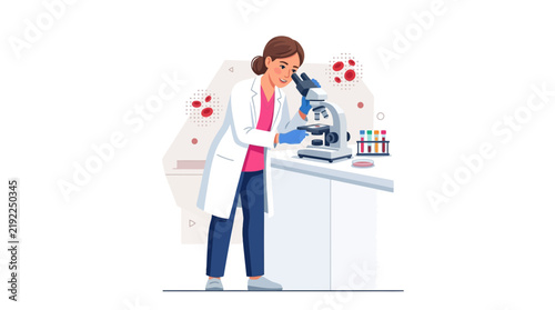 Scientist examining blood cells under a microscope in a modern laboratory, vector illustration.