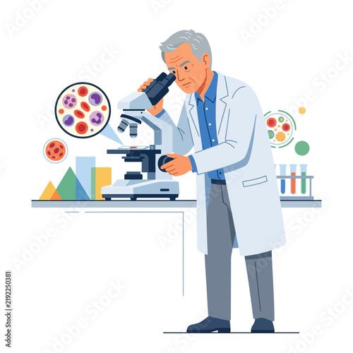 Scientist Examines Blood Cells Under Microscope in Laboratory