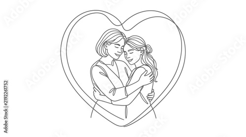 Minimalist Continuous Line Drawing of Two Women Hugging Inside a Heart Shape