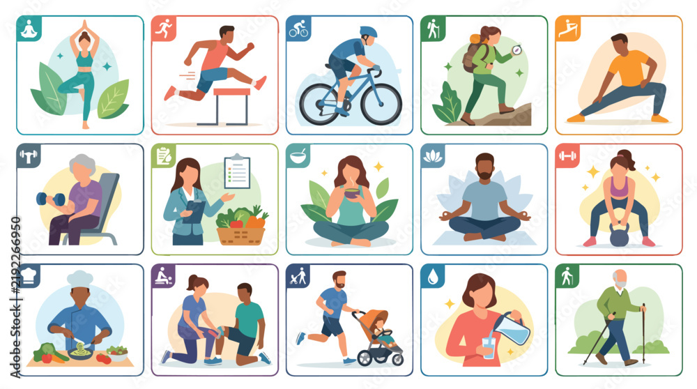 Fototapeta premium Comprehensive wellness routine symbols and diverse physical activities flat vector illustration for health coaching and fitness platforms