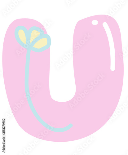 Cute pastel pink bubble letter U with flower vector illustration