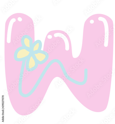 Cute pastel pink bubble letter W with flower vector illustration