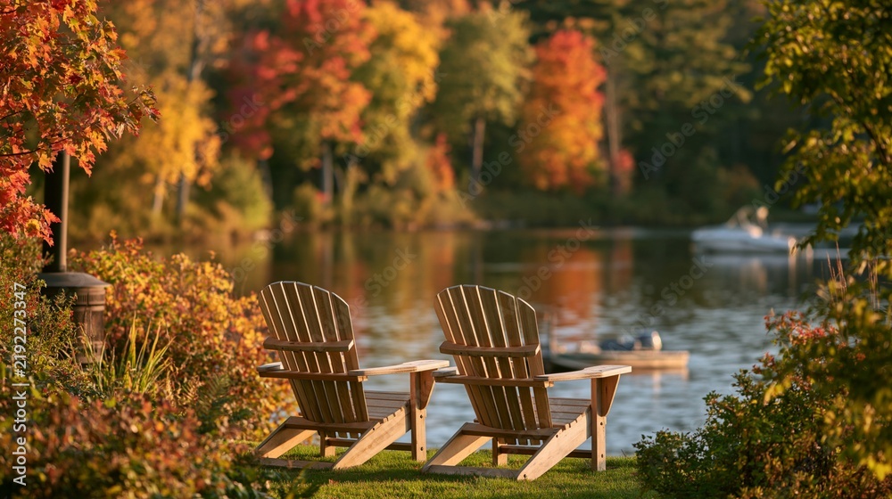 Fototapeta premium a serene lakeside scene. Two wooden Adirondack chairs, facing each other, are positioned on a lush green lawn.