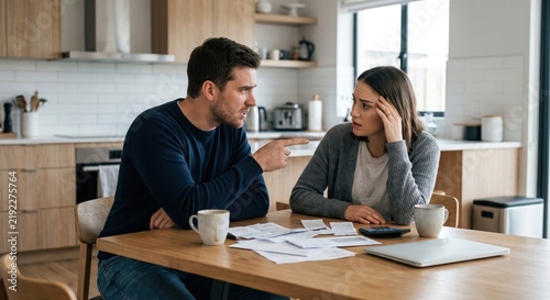 Angry husband pointing finger at his stressed wife while arguing over bills and family budget at the kitchen table