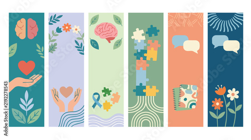 Mental health awareness and psychological wellness banner set flat vector illustration for counseling services