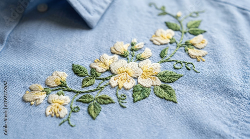 Delicate white yellow floral embroidery patterns embellish light blue shirt fabric for elegant fashion and custom apparel design.